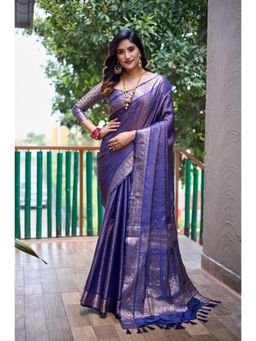 Suha - Women Navy Blue Silk Blend Woven Saree with Unstitched Blouse