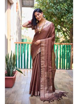 Suha - Women Copper Silk Blend Woven Saree with Unstitched Blouse