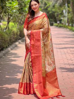 Suha - Women Red Silk Blend Floral Saree with Unstitched Blouse