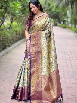 Suha - Women Wine Silk Blend Floral Saree with Unstitched Blouse