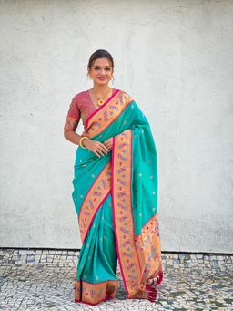 Suha - Women Green Silk Blend Woven Saree with Unstitched Blouse