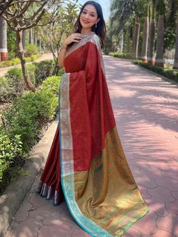 Suha - Women Red Silk Blend Paisley Saree with Unstitched Blouse