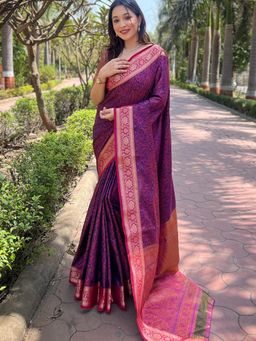 Suha - Women Purple Silk Blend Paisley Saree with Unstitched Blouse