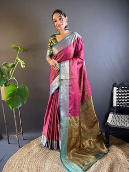 Suha - Women Pink Silk Blend Floral Saree with Unstitched Blouse