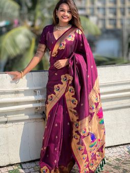 Suha - Women Wine Silk Blend Floral Saree with Unstitched Blouse