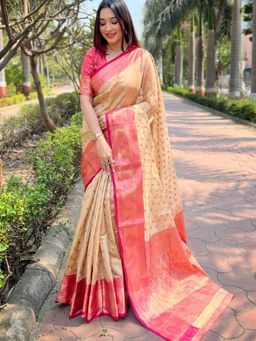 Suha - Women Beige Silk Blend Floral Saree with Unstitched Blouse