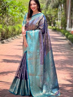 Suha - Women Purple Silk Blend Paisley Saree with Unstitched Blouse