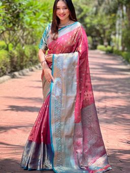 Suha - Women Pink Silk Blend Paisley Saree with Unstitched Blouse