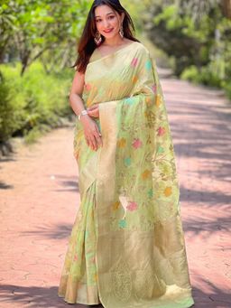 Suha - Women Green Silk Blend Floral Saree with Unstitched Blouse