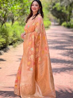 Suha - Women Orange Silk Blend Floral Saree with Unstitched Blouse