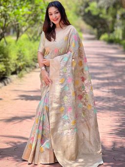 Suha - Women Beige Silk Blend Floral Saree with Unstitched Blouse