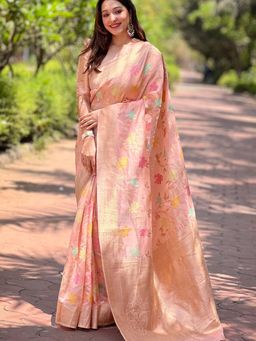 Suha - Women Peach Silk Blend Floral Saree with Unstitched Blouse