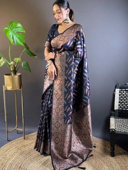 Suha - Women Navy Blue Silk Blend Printed Saree with Unstitched Blouse