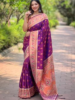 Suha - Women Purple Silk Blend Printed Saree with Unstitched Blouse