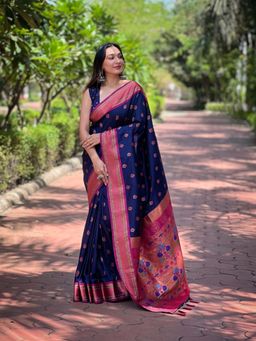Suha - Women Navy Blue Silk Blend Printed Saree with Unstitched Blouse