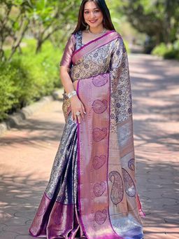 Suha - Women Navy Blue Silk Blend Printed Saree with Unstitched Blouse