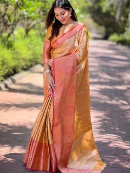Suha - Women Yellow Silk Blend Printed Saree with Unstitched Blouse
