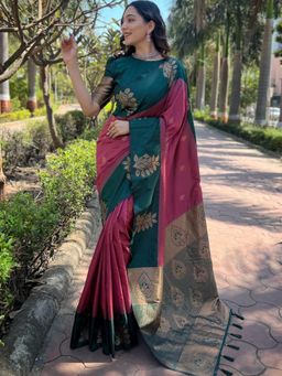 Suha - Women Pink Silk Blend Printed Saree with Unstitched Blouse