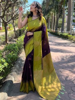 Suha - Women Purple Silk Blend Printed Saree with Unstitched Blouse