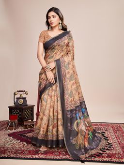 Suha - Women Beige Silk Blend Floral Saree with Unstitched Blouse