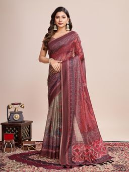 Suha - Women Red Silk Blend Paisley Saree with Unstitched Blouse