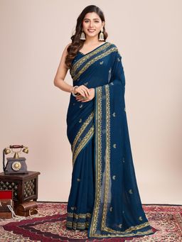 Suha - Women Green Silk Blend Floral Saree with Unstitched Blouse