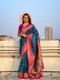 Suha - Women Blue Silk Blend Woven Saree with Unstitched Blouse
