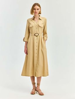 Cover Story - Beige Solid A-Line Dress with Belt (Set of 2)