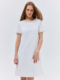 Cover Story - Ivory A Line Dress With Embellished Neck