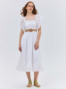 Cover Story - White Schiffli Flared Dress With Belt (Set of 2)