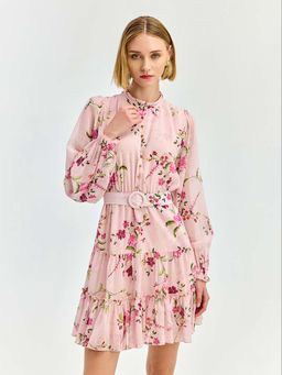 Cover Story - Pink Floral Fit and Flare Dress with Belt (Set of 2)