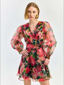 Cover Story - Pink Floral Fit and Flare Dress with Belt (Set of 2)