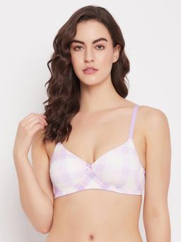 Clovia - Polyamide Checks Padded Full Cup Wire Free T-Shirt Bra - Purple