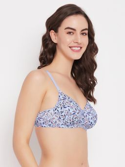Clovia - Polyamide Floral Printed Padded Full Cup Wire Free T-Shirt Bra - Blue