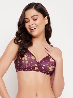 Clovia - Polyamide Floral Printed Padded Full Cup Wire Free T-Shirt Bra - Maroon