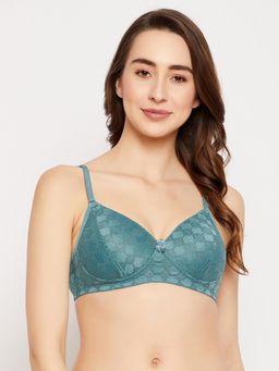 Clovia - Lace Self Design Padded Full Cup Wire Free T-Shirt Bra - Turquoise