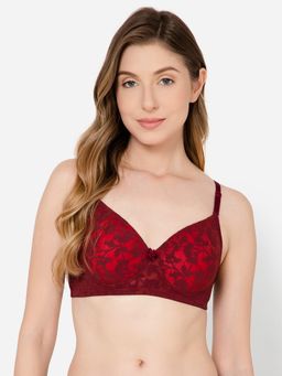 Clovia - Lace Self Design Padded Full Cup Wire Free T-Shirt Bra - Red