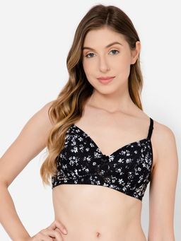 Clovia - Lace Floral Printed Padded Full Cup Wire Free T-Shirt Bra - Black