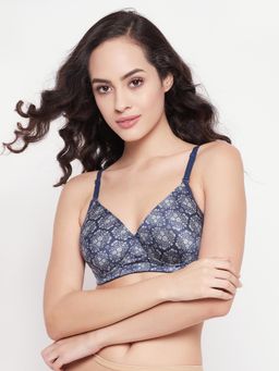 Clovia - Polyamide Floral Printed Padded Full Cup Wire Free T-Shirt Bra - Blue