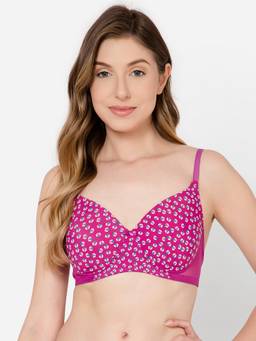 Clovia - Polyamide Floral Printed Padded Full Cup Wire Free T-Shirt Bra - Pink