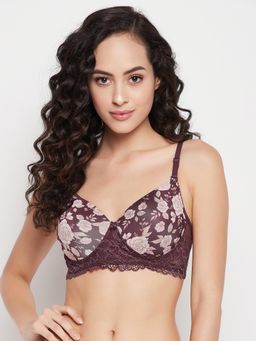 Clovia - Polyamide Floral Printed Padded Full Cup Wire Free T-Shirt Bra - Purple
