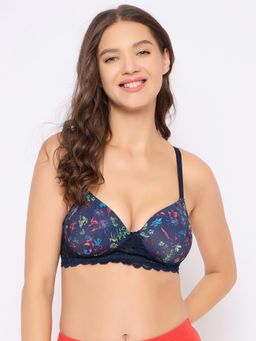 Clovia - Polyamide Floral Printed Padded Full Cup Wire Free T-Shirt Bra - Navy Blue