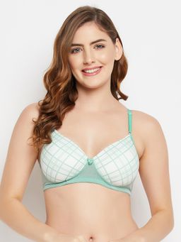 Clovia - Polyamide Checks Padded Full Cup Wire Free T-Shirt Bra - White