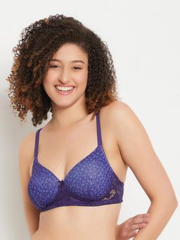 Clovia - Polyamide Floral Printed Padded Full Cup Wire Free T-Shirt Bra - Purple