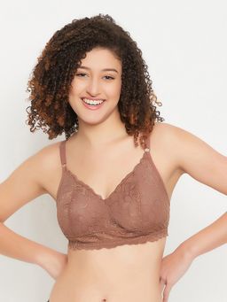 Clovia - Lace Self Design Non-Padded Full Cup Wire Free Bralette Bra - Brown