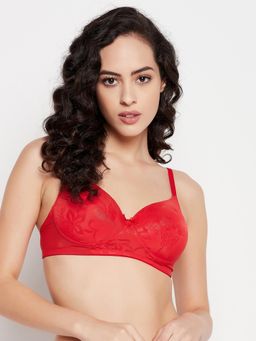 Clovia - Lace Self Design Padded Full Cup Wire Free T-Shirt Bra - Red
