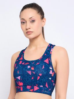 Clovia - Medium Impact Padded Non-Wired Printed Sports Bra In Navy Blue