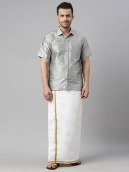Vastramay - Mens Grey & White Silk Blend Shirt with Mundu (Set of 2)