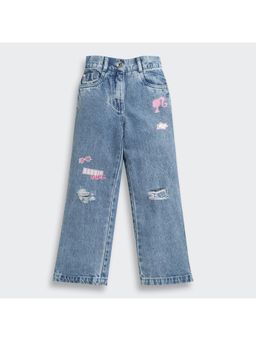 TINY GIRL - Barbie Characters Patch Detailed Full Length Jeans- Light Blue