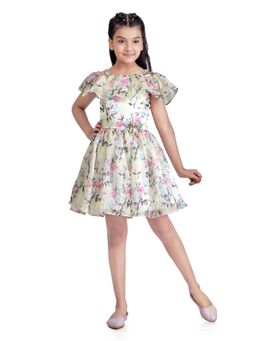 TINY GIRL - Floral Printed Cold Shoulder Dress Detailed with Corsage